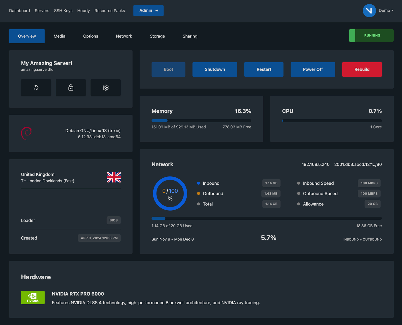 VirtFusion VPS control panel dashboard